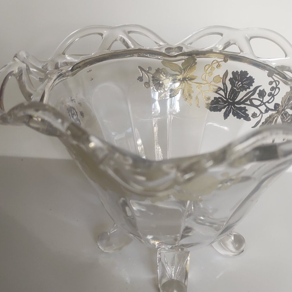 Vintage Imperial Glass Candy Bowl with Silver Floral overlay 7" diameter